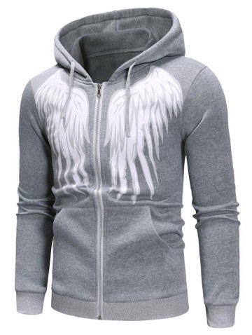 Angel Wings Print Zipper Drawstring Hoodie