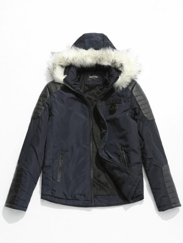 Applique Faux Fur Hoodie Pu Parka Coat