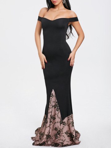 Applique Insert Off Shoulder Evening Dress
