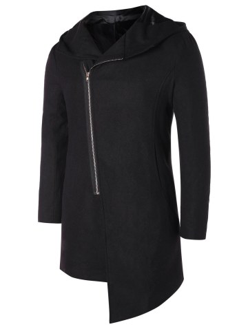 Asymmetric Zip Up Hooded Longline Coat