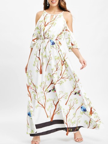 Branch Print Cold Shoulder Maxi Dress
