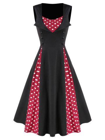 Button Polka Dots Patchwork A Line Dress