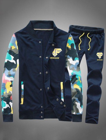 Button Up Camouflage Sleeve Jacket And Sweatpants Twinset