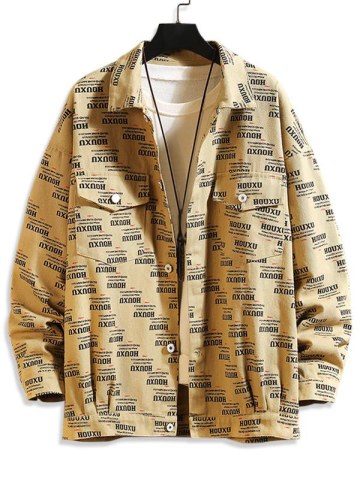 Button Up Letter Graphic Print Flap Pockets Shacket