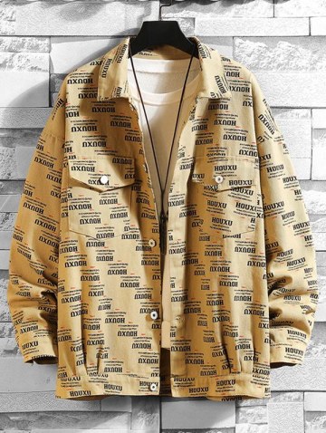 Button Up Letter Graphic Print Flap Pockets Shacket