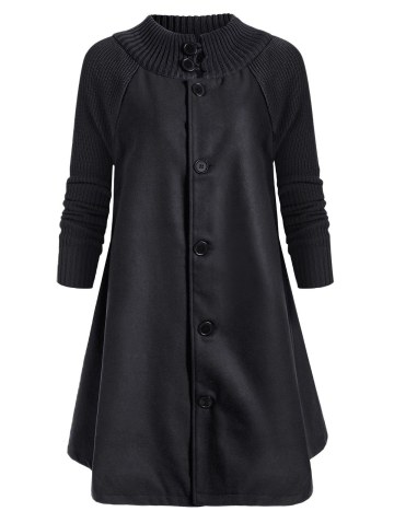 Button Up Raglan Sleeves Knitted Panel Coat