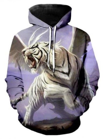 Casual Winged Tiger Pattern Front Pocket Hoodie