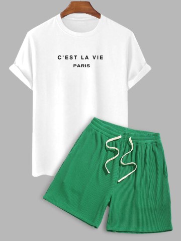 C'est La Vie Paris Short Sleeves Cotton Tee With Ribbed Shorts Two Piece Set