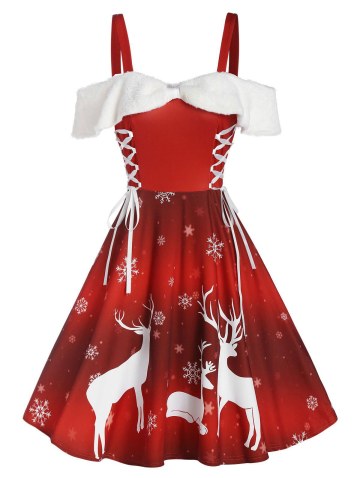 Christmas Elk Snowflake Print Lace-up Cold Shoulder Dress