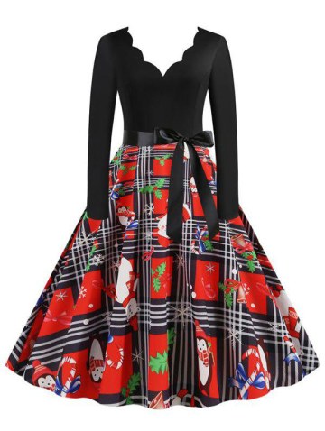 Christmas Santa Claus Plaid Scalloped Belted Dress