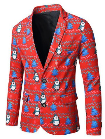 Christmas Tree Penguin Print Lapel Side Slit Blazer