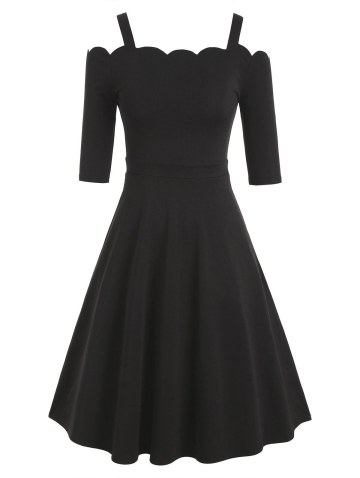 Cold Shoulder Scalloped Trim A Line Mid Calf Dress