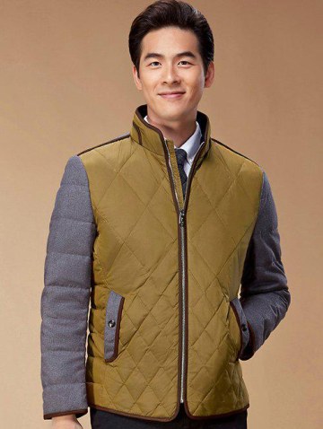 Color Block Spliced Design Argyle Zip-up Down Jacket