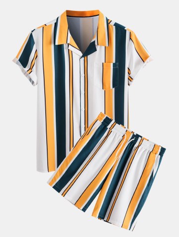 Contrast Stripe Print Shirt And Shorts Set