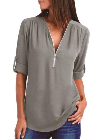 Cuffed Sleeve Curved Hem Half Zip T-shirt