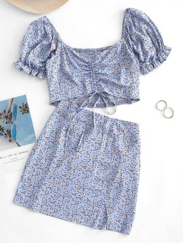 Ditsy Print Cinched Ruched Shirred Back Two Piece Dress