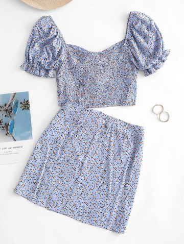 Ditsy Print Cinched Ruched Shirred Back Two Piece Dress