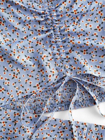 Ditsy Print Cinched Ruched Shirred Back Two Piece Dress