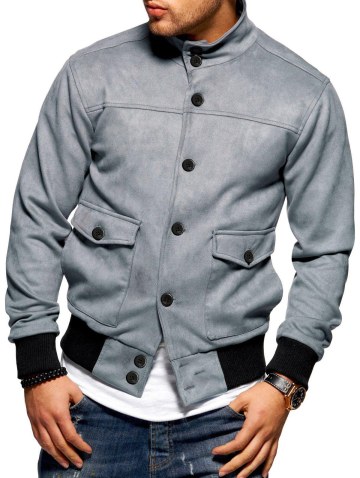 Double Pockets Button Up Rib-knit Trim Jacket