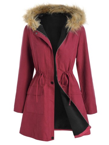 Drawstring Waist Faux Fur Panel Coat