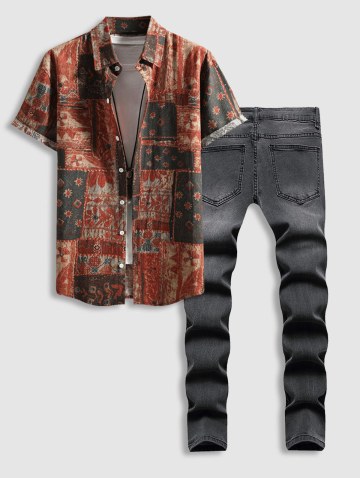 Ethnic Style Shirt And Ripped Patch Jeans Set