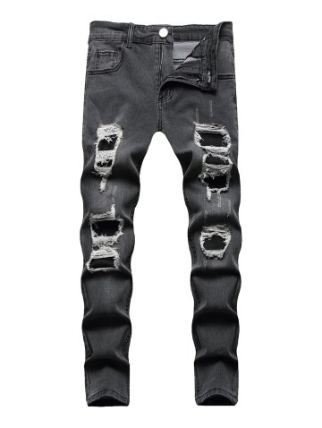 Ethnic Style Shirt And Ripped Patch Jeans Set