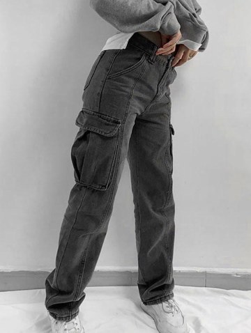 Faded Flap Pockets Tapered Cargo Jeans