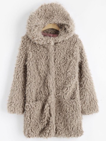 Faux Lamb Wool Hooded Coat With Pocket