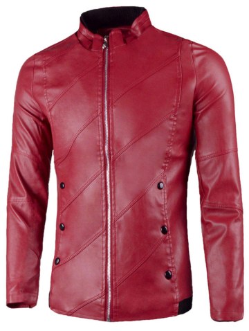 Flap Button Embellished Zip Up Faux Leather Jacket