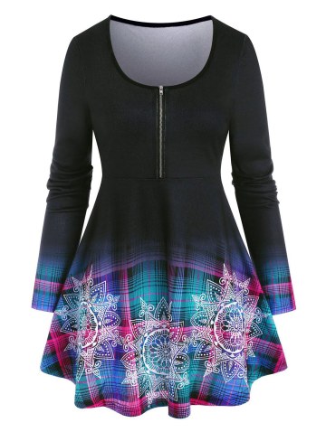 Floral Checked Print Zipper T Shirt