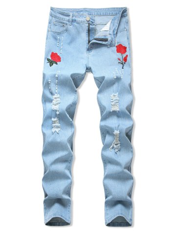 Floral Embroidery Ripped Design Jeans