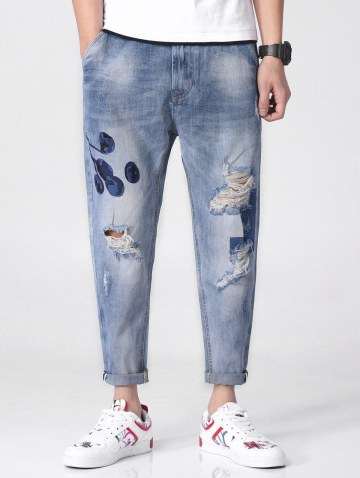 Floral Embroidery Ripped Zipper Fly Denim Jeans