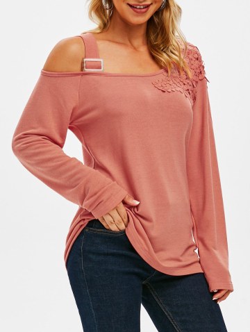 Flower Applique Panel Skew Collar Exposed Shoulder Knitwear