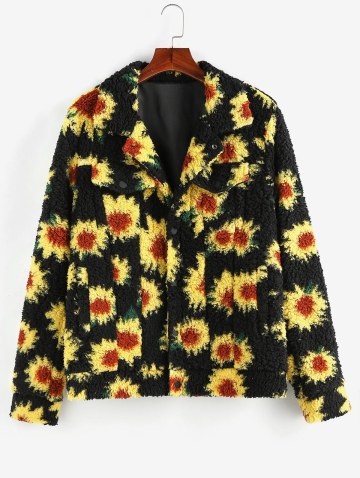 Flower Pattern Button Up Teddy Jacket