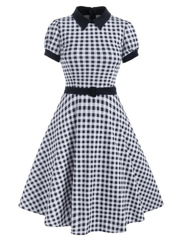 Gingham Flat Collar Belted Retro Dress