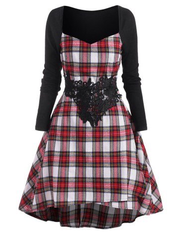 Guipure Insert Plaid Sweetheart High Low Dress