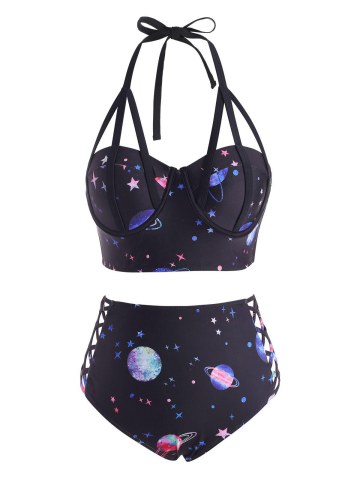Halter Planet Print Lattice Strappy Push Up Bikini Swimwear