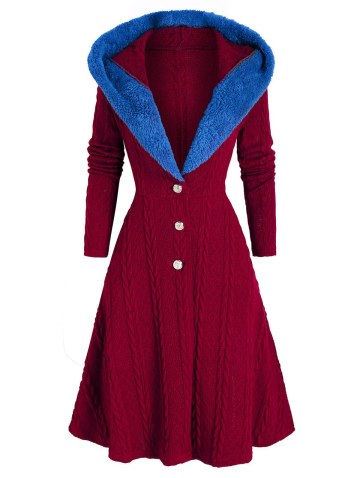 Hooded Lace Up Faux Fur Insert Cable Knit Coat