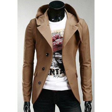 Korean Hooded Single-breasted Long Sleeves Polyester Coat For Men