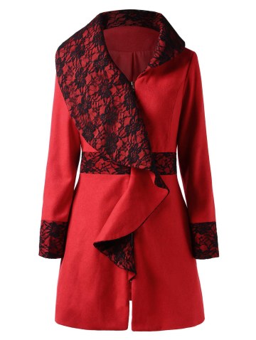Lace Panel Cascading Ruffled Wool Coat