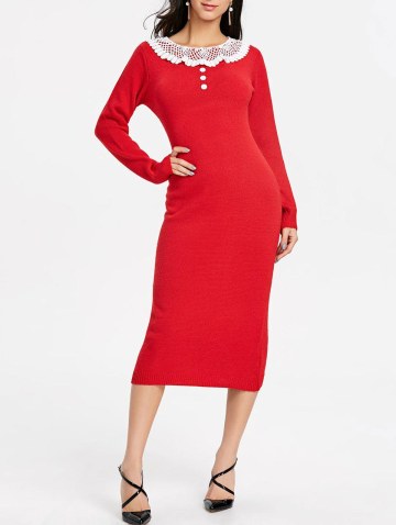 Lace Panel Midi Sweater Dress