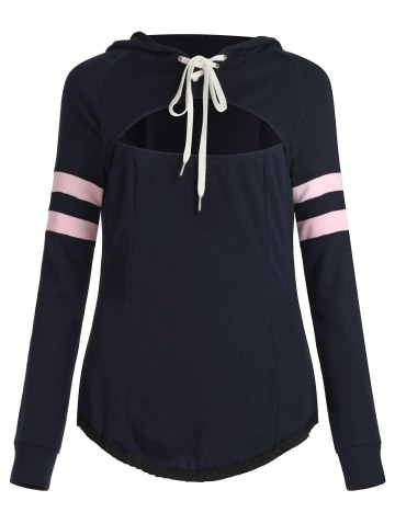 Lace Up Stripe Contrast Hollow Out Hoodie