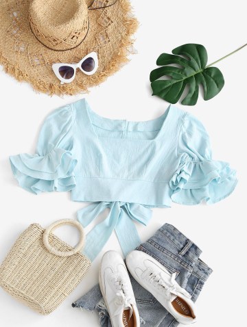 Layered Sleeve Tie Back Crop Blouse