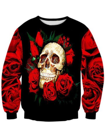 Long Sleeve Crew Neck Rose Skull 3d Print Sweatshirt