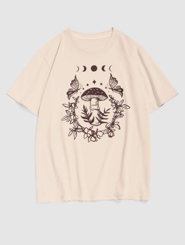 Mushroom Butterfly Pattern Graphic Crew Neck T-shirt