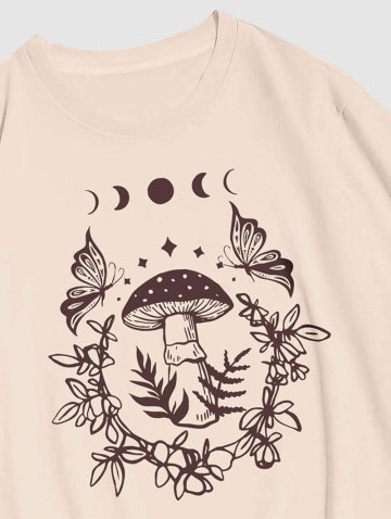 Mushroom Butterfly Pattern Graphic Crew Neck T-shirt