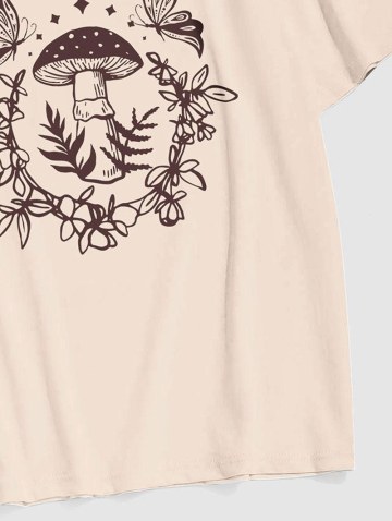 Mushroom Butterfly Pattern Graphic Crew Neck T-shirt