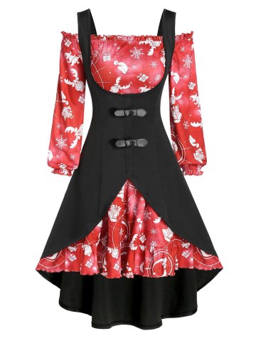 Off Shoulder Christmas Printed Dress And Buckles High Low Top Set