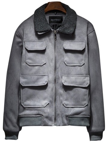 Padded Faux Fur Collar Zip Up Suede Jacket