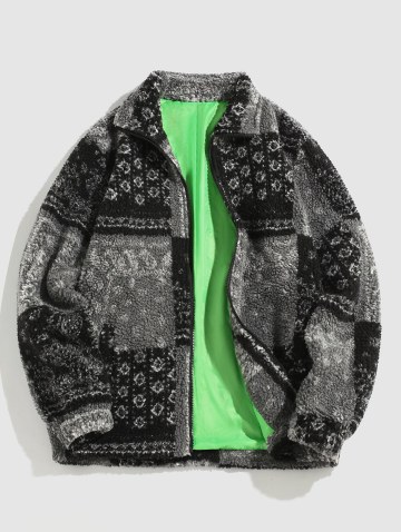 Patchwork Pattern Print Faux Shearling Zip Jacket